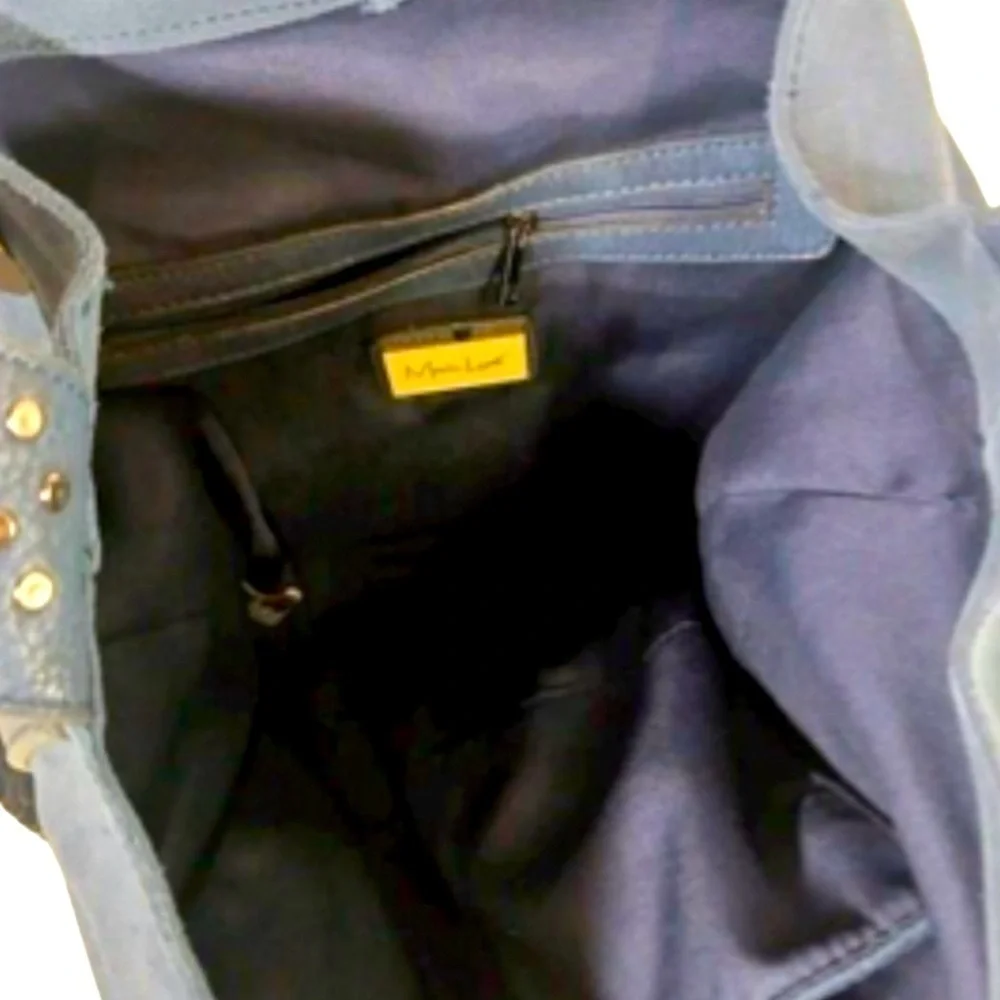 Leather Hobo Bag In Blue with Studded Strap